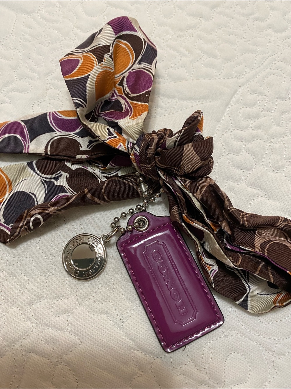 Y2K Coach Purple Leather Tag Keychain with Patterned Silk Scarf Accent